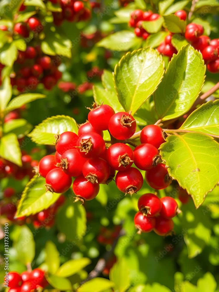 Red hawthorn berries with green leaves nature garden close-up bright sunny healthy food autumn harvest image Red hawthorn berries with green leaves nature garden close-up bright sunny healthy food autumn harvest image