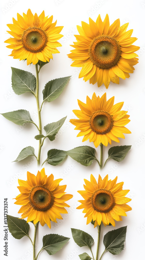 Obraz premium Collection of five sunflowers arranged uniquely, showcasing vibrant yellow petals and green