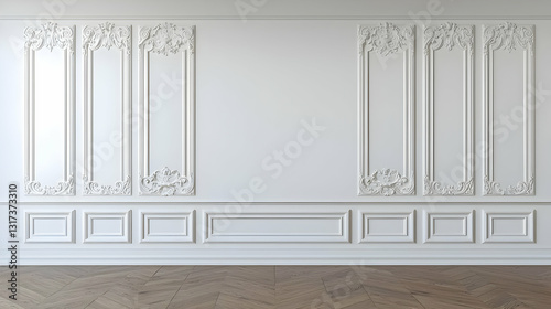 Classic White Wall With Ornate Paneling And Wainscoting In An Empty Room With Natural Light Elegant Interior Design