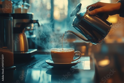 Pouring Fresh Coffee Into a White Cup in a Cozy Kitchen During Morning Hours