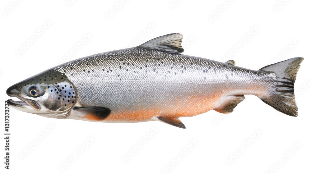 Obraz premium Fresh Salmon Fish with Silver Scales and Orange Belly on White Background