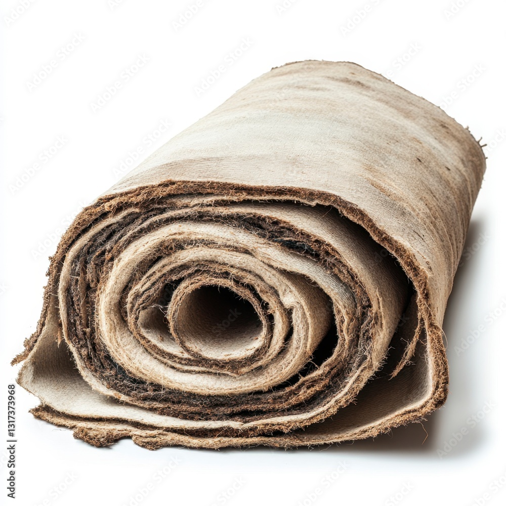 Rolled piece of off white, beige, and brown textured fabric with visible wear and tear against a white background. Rolled piece of off white, beige, and brown textured fabric with visible wear and tear against a white background.