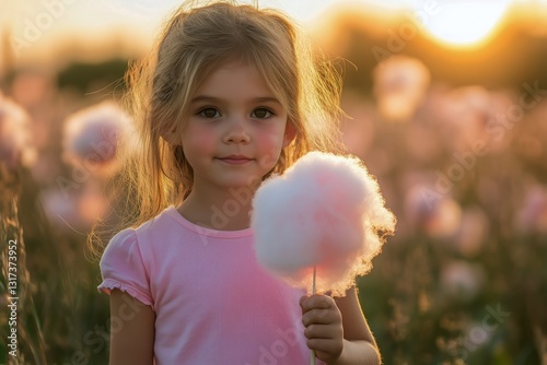 Young Girl Enjoying Cotton Candy During Sunset at a Vibrant Field of Flowers