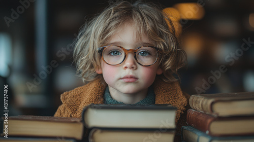Child with glasses gazes thoughtfully over stack of books, evoking curiosity