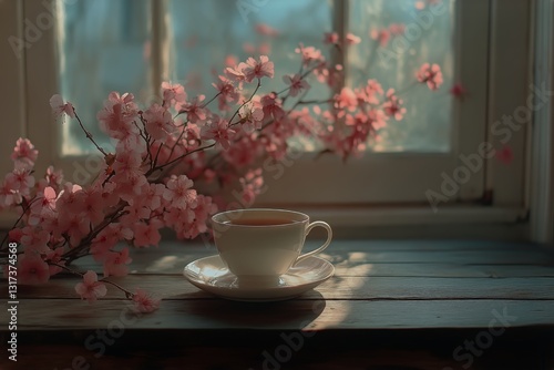 Cherry Blossoms Next to a Cup of Tea on a Sunny Windowsill in Spring