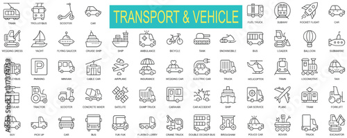Transport and Vehicle Line Icon Set – Cars, Ships, Aircraft, and More