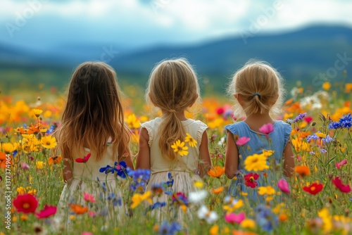 Three Girls Smiling Together in a Vibrant Flower Field During Sunny Spring Day