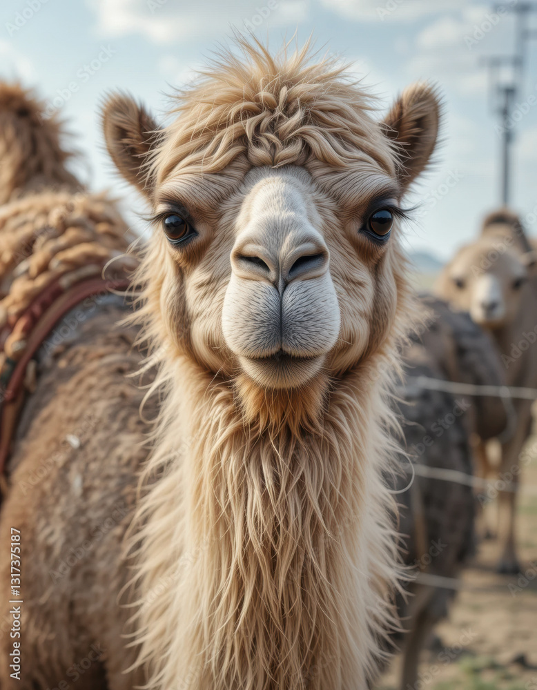 Obraz premium A camel with fluffy fur and friendly eyes against the background of a desert landscape. The bright sky and warm sun create a calm atmosphere.