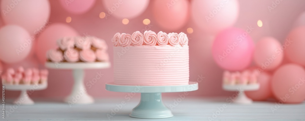 Elegant Pink Cake with Rosette Decoration Against Soft Pink Background for Celebrations Elegant Pink Cake with Rosette Decoration Against Soft Pink Background for Celebrations