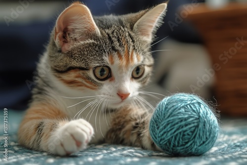 Adorable Kitten Plays With Blue Yarn in Cozy Indoor Setting During Afternoon ...