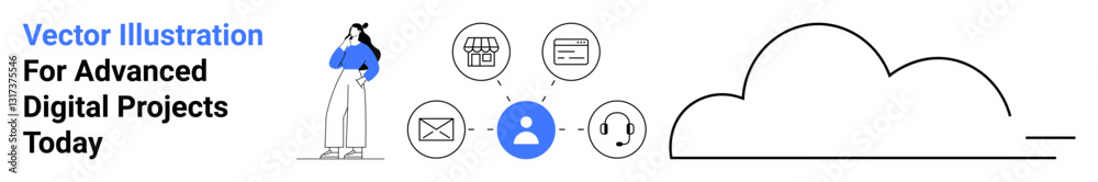 Cloud outline, user icon, email, call, web, and data visuals connected person observing thoughtfully. Ideal for cloud computing, tech solutions, communication networking teamwork innovation flat Cloud outline, user icon, email, call, web, and data visuals connected person observing thoughtfully. Ideal for cloud computing, tech solutions, communication networking teamwork innovation flat