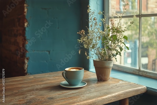 Warm Cup of Coffee on a Rustic Table by the Window in a Cozy Cafe During Earl...