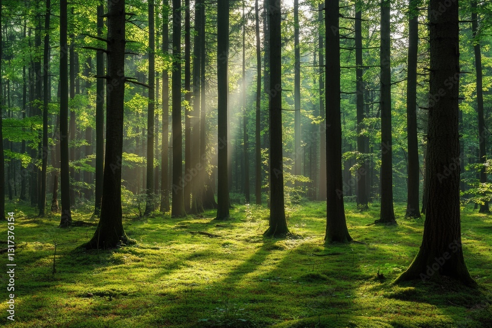 Obraz premium A serene scene of sunlight peeking through the trees in a forest, suitable for use as a background or to add warmth and coziness to an image