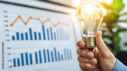 Brilliant Business Idea:  Innovation and Growth Represented by a Glowing Lightbulb Held Against a Background of  Financial Charts Showing Progress and Success.