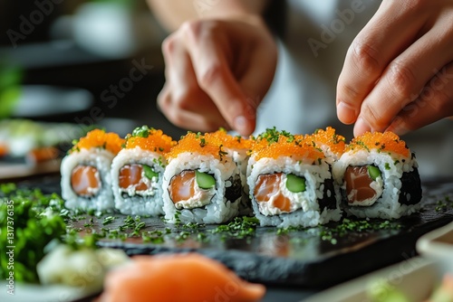 Preparing Fresh Sushi Rolls With Salmon and Sesame on a Black Serving Board i...