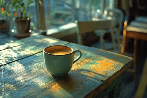 Warm Cup of Coffee on a Rustic Table by the Window in a Cozy Cafe During Earl...