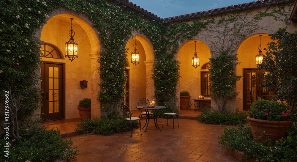 Fototapeta premium Inviting Courtyard with Arches, Vines, Lighting and Table Setting