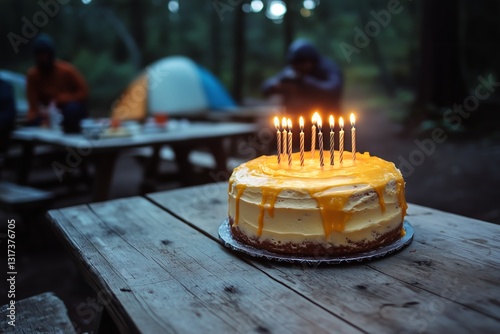 Celebration With a Beautifully Decorated Cake on a Rustic Wooden Table in a C...