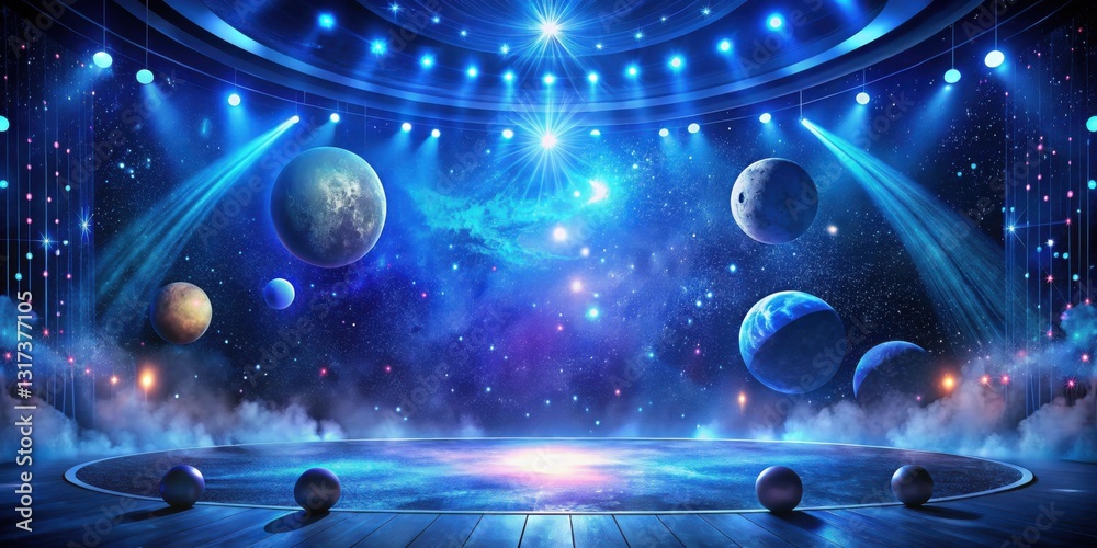 Obraz premium A cosmic stage with a nebula backdrop, illuminated by celestial spotlights and surrounded by planets.
