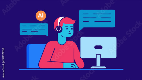 Natural Language Processing An agent trained in AI technologies analyzing text data on their computer screen representing how AI understands customer language.
