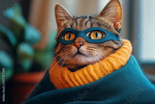 Cat Wearing Glasses and Sweater Poses Playfully Indoors With Soft Lighting