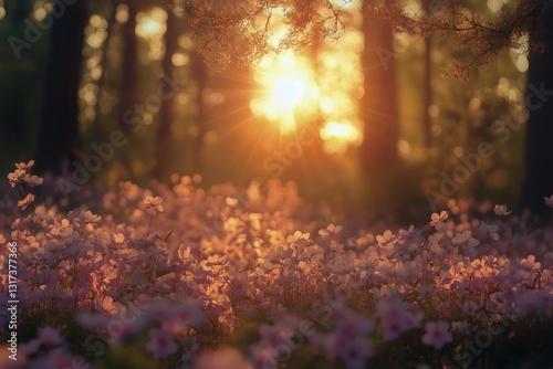 Quiet Sunset Over a Field of Blooming Flowers in the Forest