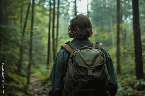Exploring a Tranquil Forest Trail With a Backpack Under a Misty Canopy
