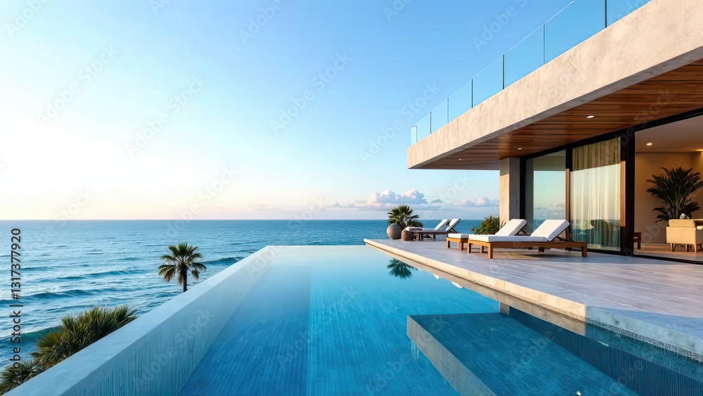 Fototapeta premium Modern luxury villa with an infinity pool overlooking the ocean, featuring minimalist architecture and sun loungers. Real estate, travel, vacation, and high-end lifestyle concepts. Copy space.