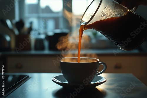 Pouring Fresh Coffee Into a White Cup in a Cozy Kitchen During Morning Hours