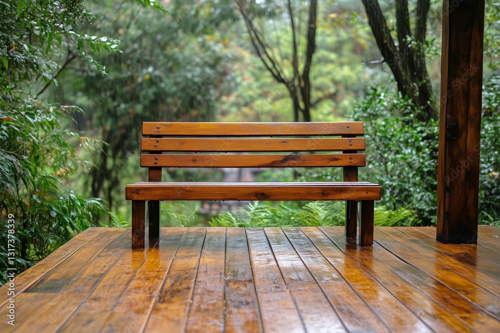 Wooden Bench Overlooking a Lush Green Landscape in a Tranquil Forest During a Rainy Day Wooden Bench Overlooking a Lush Green Landscape in a Tranquil Forest During a Rainy Day
