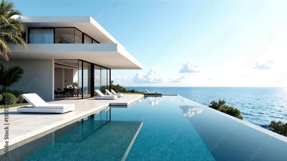 Fototapeta premium Modern villa. Pool and ocean sea water house background. Tourism concept.