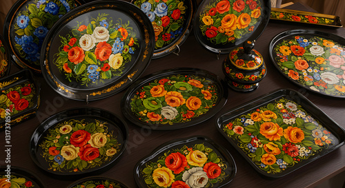 Wallpaper Mural Decorative painted trays with floral designs on wooden table Torontodigital.ca