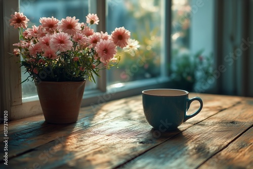 Morning Coffee Surrounded by Blooming Pink Flowers on a Wooden Table