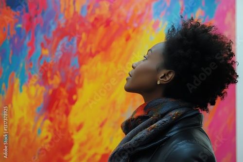 Woman Admires Vibrant Artwork in a Colorful Art Gallery During an Evening Visit