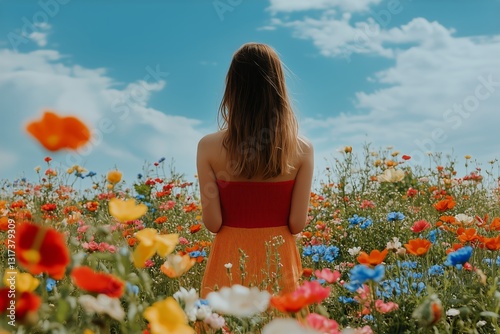 Young Girl in a Colorful Flower Field Enjoying Nature on a Sunny Day