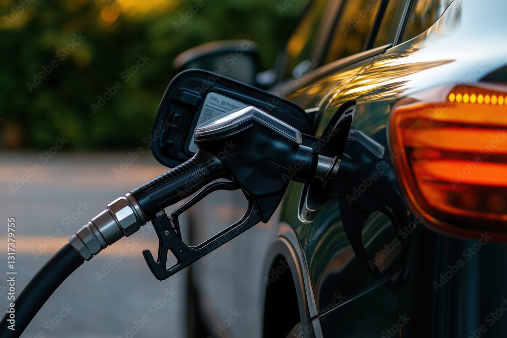 Fueling a vehicle at a modern gas station during sunset hours Fueling a vehicle at a modern gas station during sunset hours
