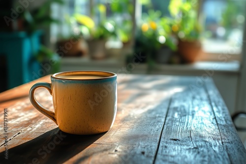 Warm Coffee Cup Resting on a Cozy Knit Blanket Near Sunlight-Filled Window