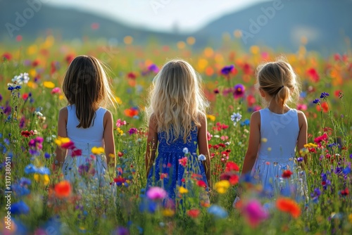 Three Girls Smiling Together in a Vibrant Flower Field During Sunny Spring Day