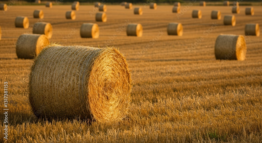 Fototapeta premium Hay Bale Field at Golden Hour After Harvest with Warm Lighting