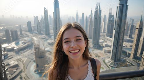 The girl's face is beaming with pure joy as she takes in the stunning view of Dubai. The skyscrapers and cityscape surrounding her seem to fill her with a sense of awe