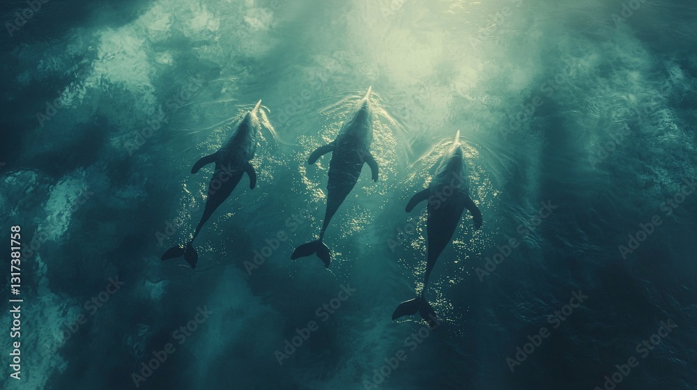 Three dolphins swimming in deep ocean water, sunlight above. Three dolphins swimming in deep ocean water, sunlight above.
