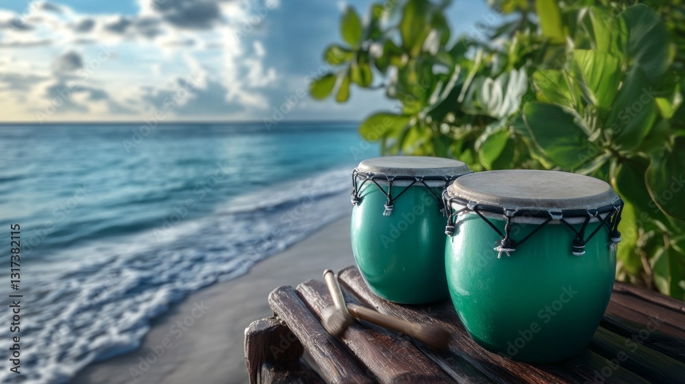 Fototapeta premium Teal drums sit on wooden stand by ocean.