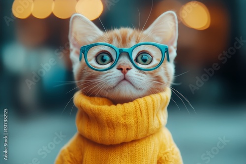 Cat Wearing Glasses and a Scarf in an Outdoor Setting