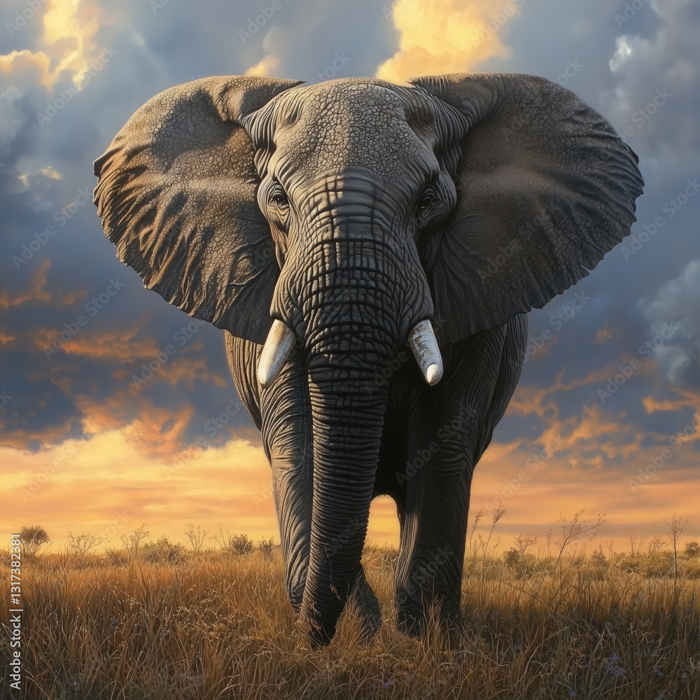 Obraz premium Elephant Portrait: Majestic African elephant stands tall against a backdrop of golden sunset showcasing its strength and grace in its natural habitat