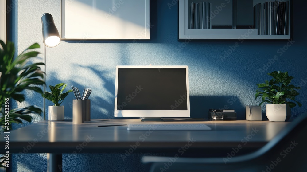 Fototapeta premium Serene Home Office Setup, Modern Minimalist Workspace with Desk, Computer, Plants, and Soft Lighting