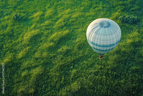 Hot Air Balloon Soaring Over Green Farmland at Sunrise
