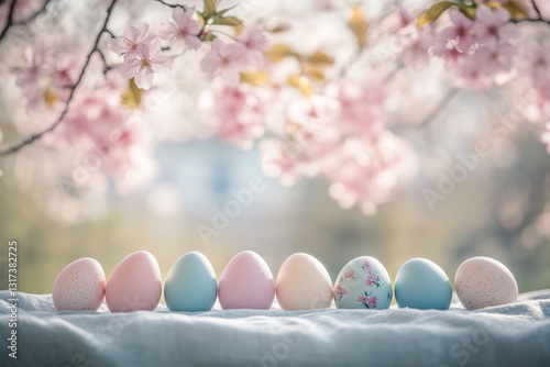 Wallpaper Mural Colorful Easter eggs arranged on a simple table, under a blooming cherry tree. Torontodigital.ca