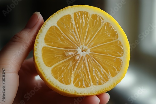 Brightly Colored Lemon Half Held Against a Blurred Background in Natural Light