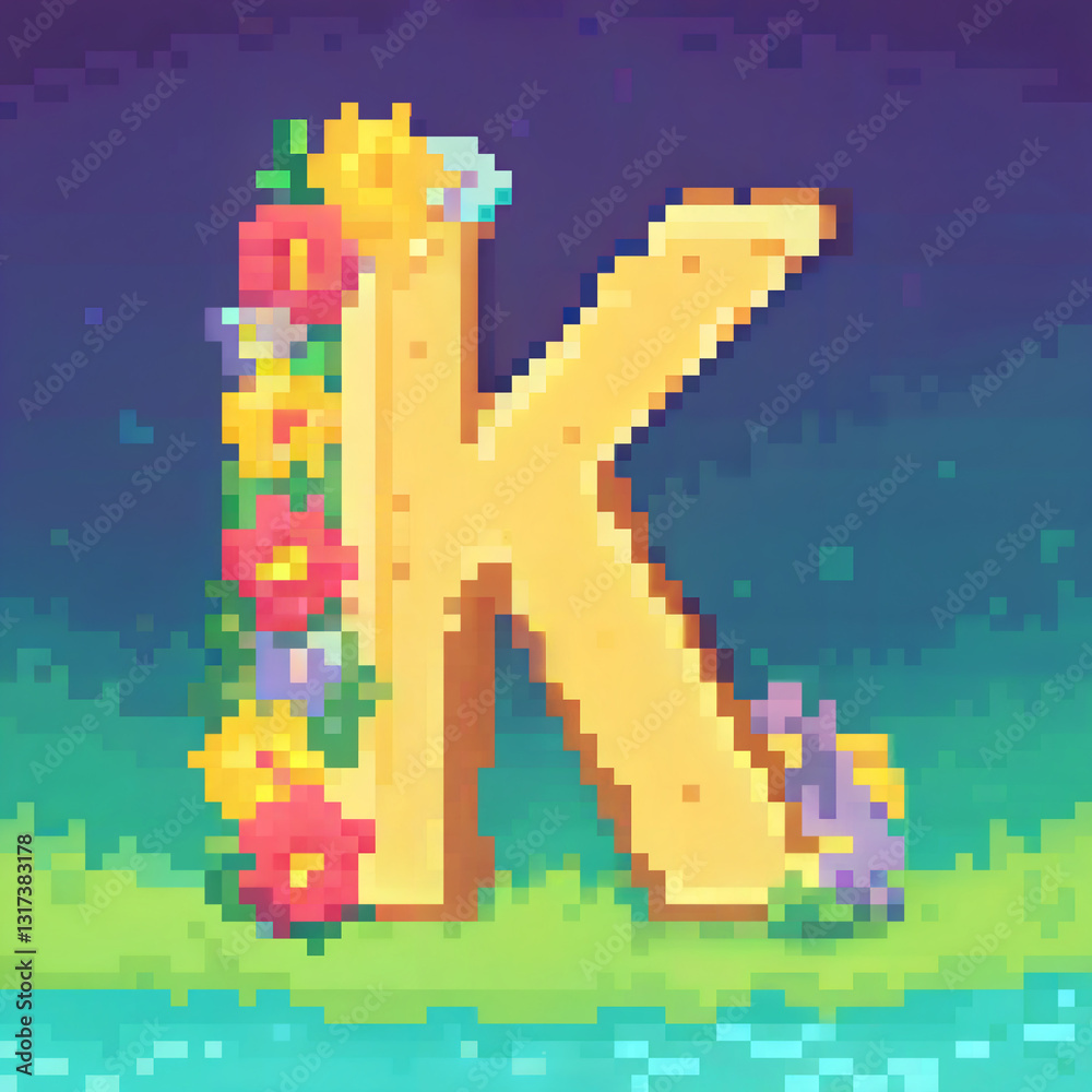 Pixel art letter K decorated with flowers, vibrant colors, joyful atmosphere for cross stitch pattern Pixel art letter K decorated with flowers, vibrant colors, joyful atmosphere for cross stitch pattern