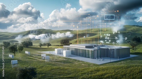 A visual of a data center in a remote rural area, with data being processed directly at the point of generation, minimizing cloud dependency